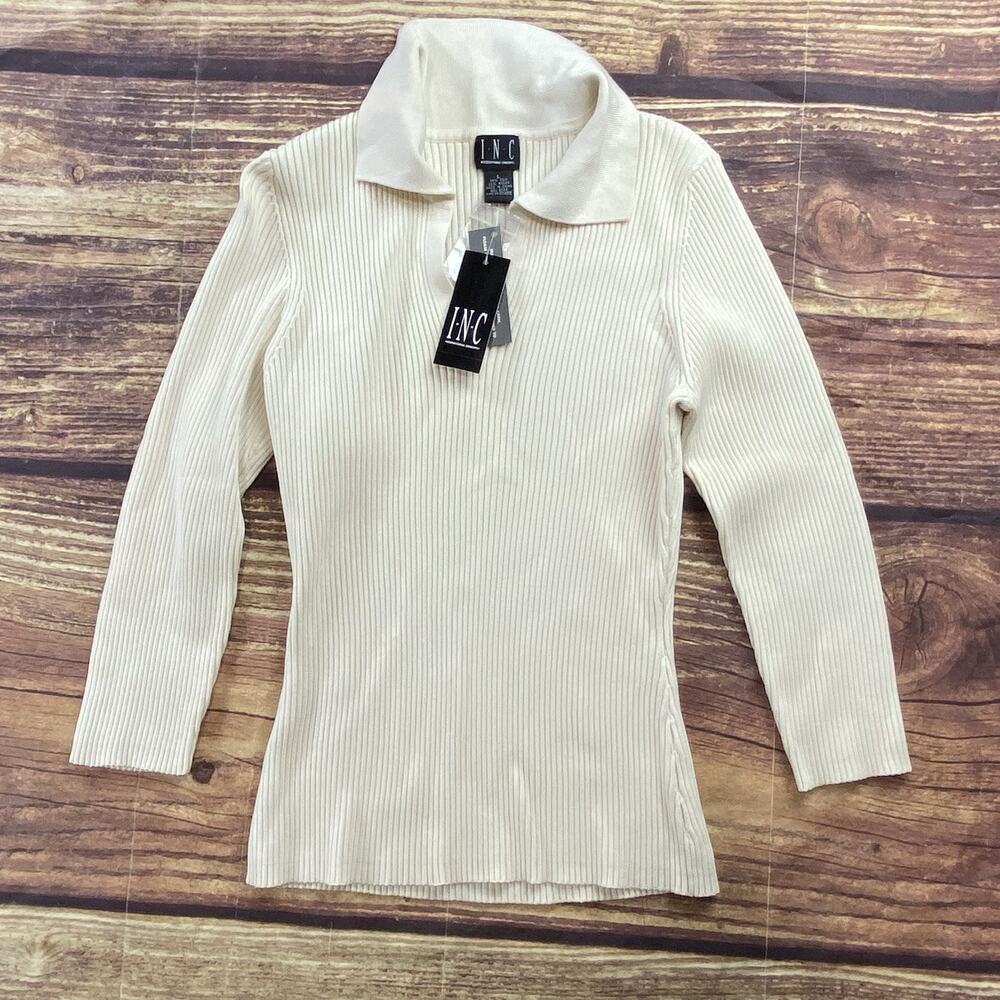 INC International Concepts Women's Ribbed Collar Shirt White Cream V Neck Large